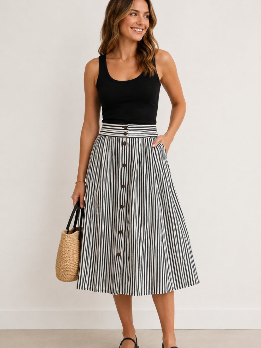 Universal Thread Black & White Striped Button Front Midi Skirt Size Small